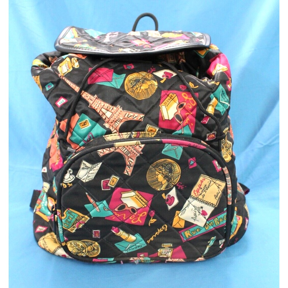 VTG 90'S EXPRESS Black QUILTED NYLON Printed PARIS FRANCE Travel/School BACKPACK